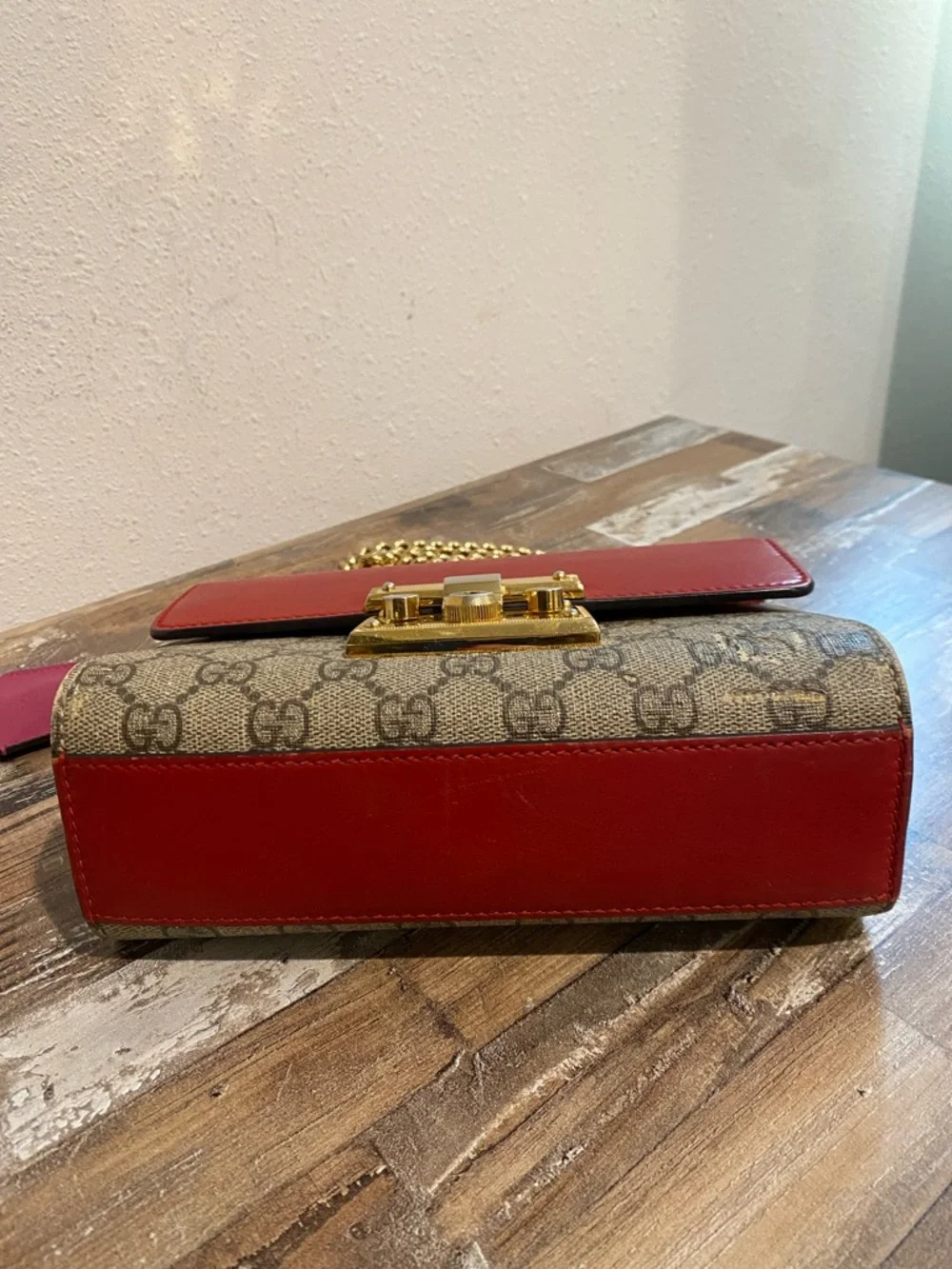 Gucci Red Leather Top Flap GG Canvas Chain Shoulder Bag - Picture 4 of 16